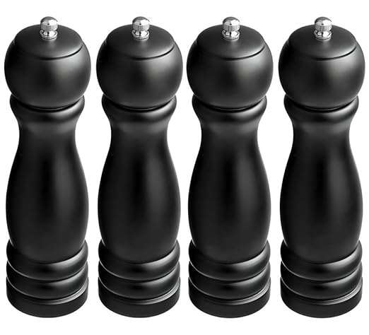 OCS Parts Pro Series 4-Pack Matte Black Wooden Pepper Mills with Adjustable Grinder | 8-Inch Traditional Salt or Pepper Mill for Home Kitchens, Restaurants or Catered Events