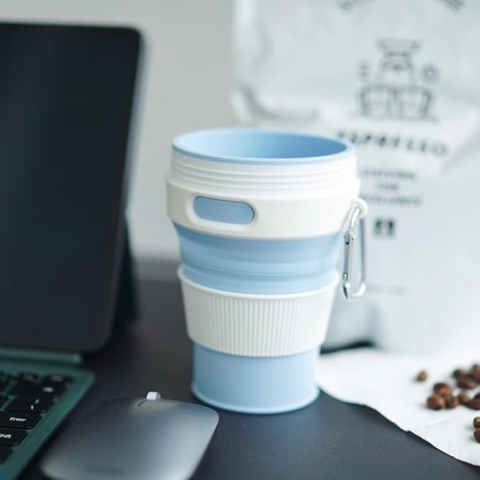 Silicone Collapsible Travel Mug Blue 15oz / 450ml - Leak-Proof Reusable Silicone Water Bottle for Hot and Cold Beverages - Travel Office and Home - Dishwasher Safe - Straw Included