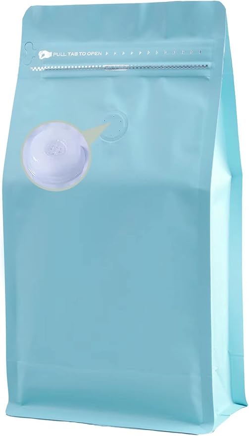 Coffee Bags with Valve (12 oz,3/4 lb,100pcs) Blue High Barrier Aluminumed Foil Flat Bottom Heat Sealed Coffee Beans Packaging Bags Side Zipper Resealable Bags for Home or Business