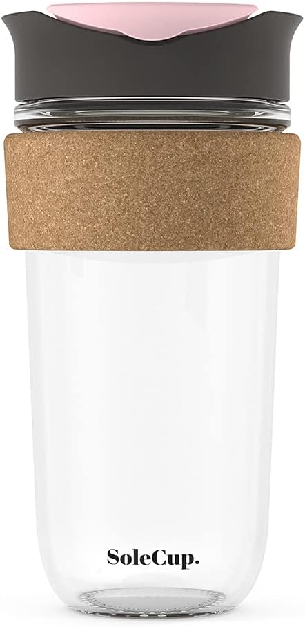 Large Travel Mug - Reusable Insulated Coffee Mug - 18oz/530ml BPA-Free Hot Drink Travel Mug with Lid & Cork Band (Gray and Pink)