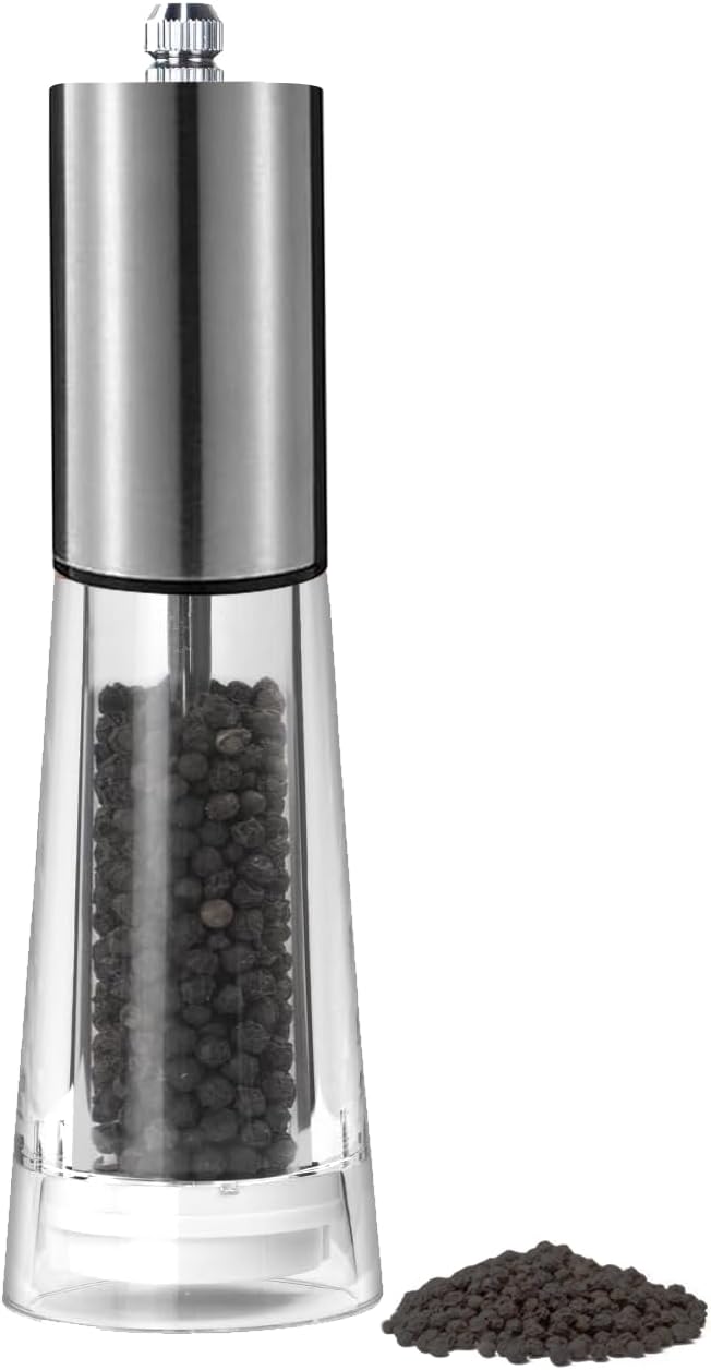 Stainless Pepper Grinder, 7.5 Inch Refillable Manual Salt Grinder with Adjustable Coarseness Pepper Mill, Oak Wood Salt and Pepper Grinder Mill for Cooking - Sliver