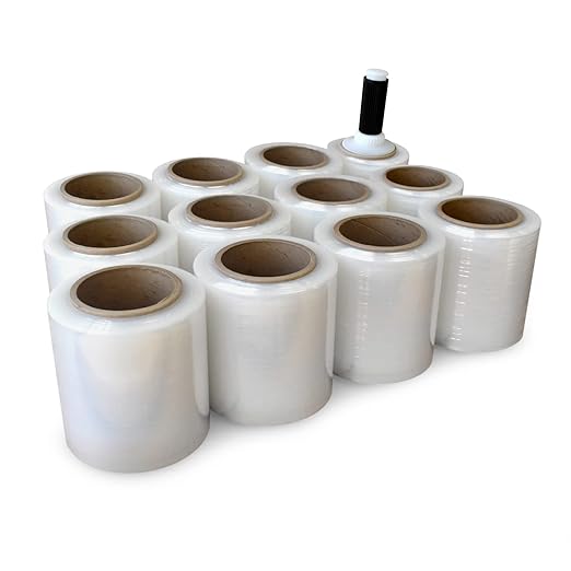 IDL Packaging 5" x 1000' Stretch Wrap Mini Roll of 80 Gauge (Pack of 12 Rolls) with Plastic Reusable Handle - Extra Sticky Clear Stretch Wrap Film - Tear-Resistant Plastic Wrap for Moving