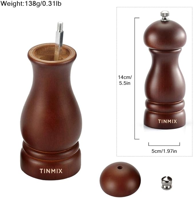 Wooden Pepper Grinder or Salt Mill, TINMIX Black Peppercorn Grinder with Adjustable Roughness Ceramic Rotor and Easily Refillable, Oak Wood Capstan Sea Salt Mill for Your Kitchen (5 inch)
