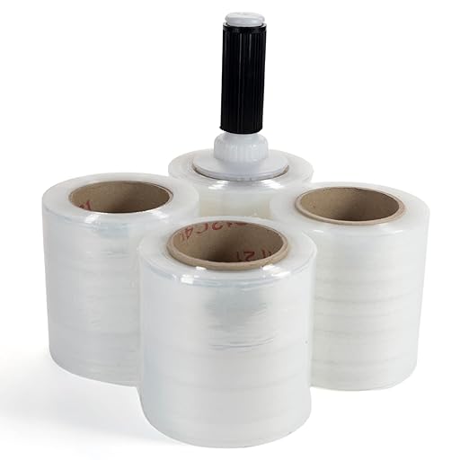 IDL Packaging 5" Stretch Wrap Mini Roll, 700 feet, 120 Gauge (Pack of 4) with a Plastic Handle Included – Industrial Grade Clear Plastic Wrap – Improved Protection for Packing, Moving, or Office