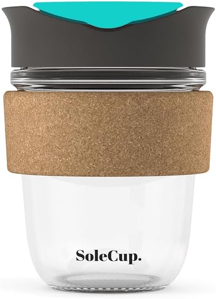 Reusable Strengthened Glass Travel Cup - Spill Proof Insulated Coffee Mug - 12oz/340ml BPA-Free Hot Drink Travel Mug with Lid & Cork Band (Gray and Blue)