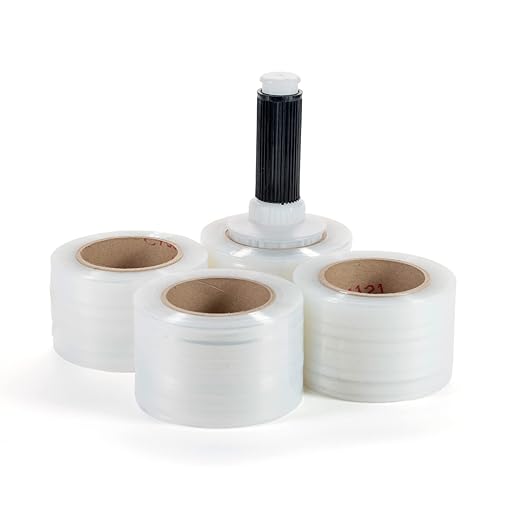 IDL Packaging 3" Stretch Wrap Mini Roll, 700 feet, 120 Gauge (Pack of 4) with a Plastic Handle Included – Industrial Grade Clear Plastic Wrap – Improved Protection for Packing, Moving, or Office