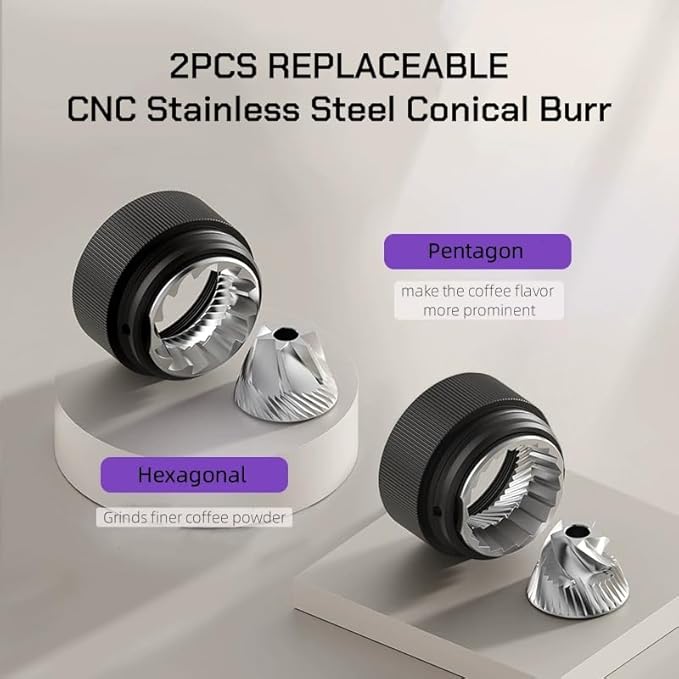 MAVO Manual Coffee Grinder, Wizard Hand Coffee Grinder, Capacity 25g with 2PCS CNC Stainless Steel Conical Burr -Pentagon and Hexagonal, Burr Coffee Bean Grinder for French Press, Pour Over, Silver