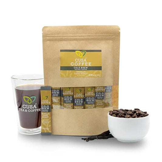 Cusa Tea & Coffee | Premium Instant Vanilla Dark Roast | Rainforest Alliance Certified Arabica Beans | Hot or Cold Brew Drink Mix Packets (30 Single Servings)