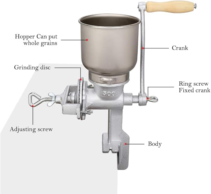 Hand-Crank Grain Mill, High Hopper Cast Iron Manual Grain Mill with Desktop Clip System, Heavy-Duty Grain Grinder, Coffee Grinder - Dry & Wet Grinding for Wheat, Grain