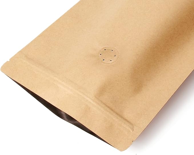 16 Ounce 100 Pieces Coffee Bags with Ziplock - High Barrier Natural Kraft Paper Stand up Coffee Pouches with Air Release/One Way Degassing Valve & Reusable Zipper (100, 16oz/1lb/500gm)
