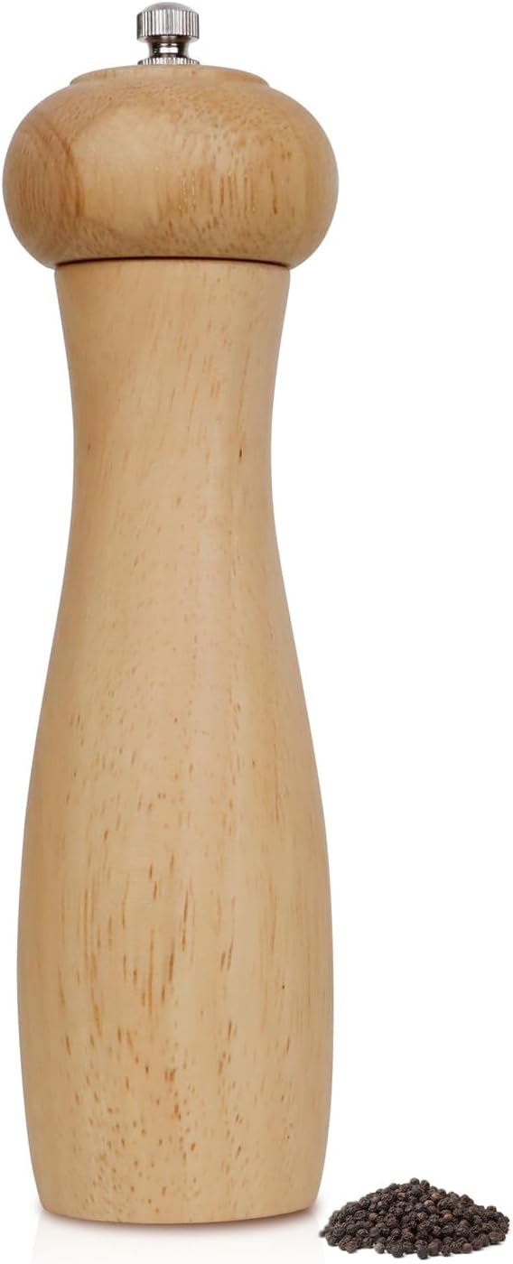 ManGotree Wooden Pepper Grinder, Adjustable Coarseness Pepper Mill, Refillable Manual Salt Grinder, Oak Wood Pepper Grinder Mill for Kitchen, 8 Inch (Natural)
