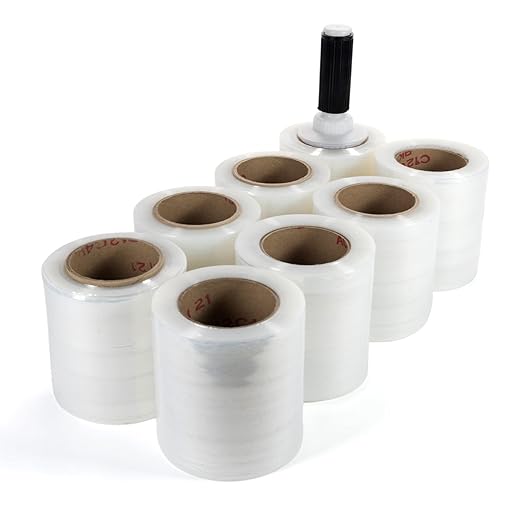 IDL Packaging 5" Stretch Wrap Mini Roll, 700 feet, 120 Gauge (Pack of 8) with a Plastic Handle Included – Industrial Grade Clear Plastic Wrap – Improved Protection for Packing, Moving, or Office