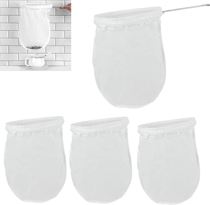 4 Pack Ultra Fine Mesh Coffee Strainer Bag with 1 Frame Handle, 200 Mesh Food Grade Nut Milk Bag, Reusable Kitchen Strainer Fine Mesh for Soy Milk, Juice, Tea Leaf Filter, Honey, Wine (Large)