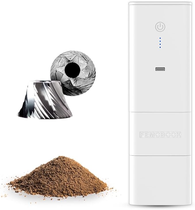 Femobook-A2 Portable Electric Coffee Grinder, Cordless Burr Grinder USB Rechargeable Coffee Grinder Magnetic Grounds Cup for Espresso Pour Over Travel & Home Brewing, White