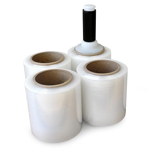 IDL Packaging 5" x 1000' Stretch Wrap Mini Roll of 80 Gauge (Pack of 4 Rolls) with Plastic Reusable Handle - Extra Sticky Clear Stretch Wrap Film - Tear-Resistant Plastic Wrap for Moving