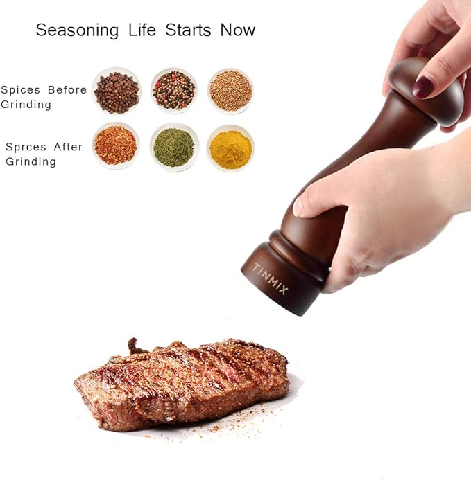 Wooden Pepper Grinder or Salt Mill, TINMIX Black Peppercorn Grinder with Adjustable Roughness Ceramic Rotor and Easily Refillable, Oak Wood Capstan Sea Salt Mill for Your Kitchen (5 inch)