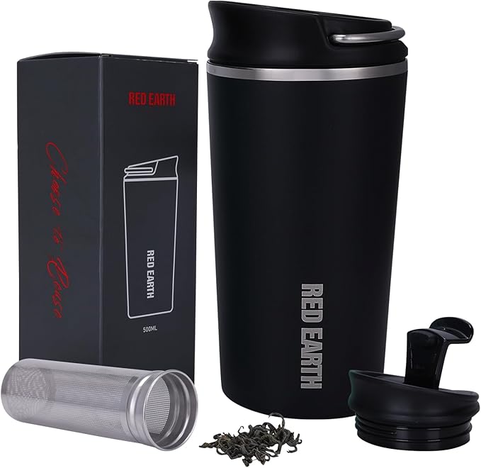 GiNT 17oz Travel Mug with Infuser and Two Lids. Vacuum Insulated 316 Stainless Steel Coffee Mug. Dishwasher Safe Mug with Tea Strainer for Hot and Cold Brew Coffee or Tea(Black)
