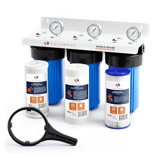 Aquaboon 3-Stage Whole House Water Filter System with 5 Micron 10x4.5 House Water Purification Pleated Sediment, Carbon Chlorine Reduction and Reducing Sediment Filter, Pressure Gauge, Wrench, Bracket