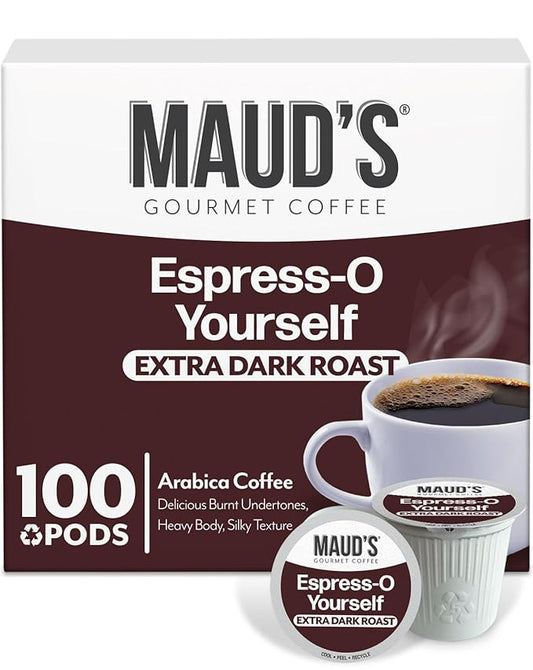 Maud's Espresso Coffee Pods, 100 ct, Dark Roast Coffee in Recyclable Single Serve Pods – 100% Arabica Coffee, Compatible with Keurig K Cups Maker