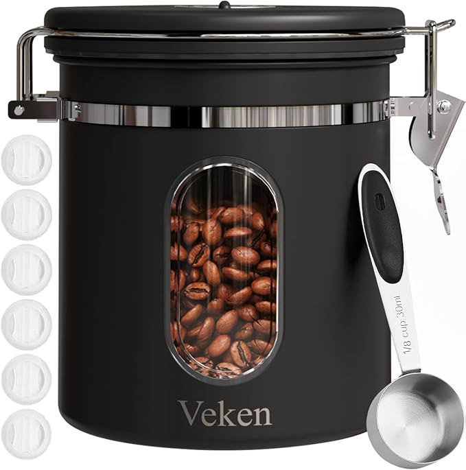 Veken Coffee Canister Gift Set with Window, Airtight Stainless Steel Kitchen Food Storage Container with Date Tracker and Scoop for Grounds Coffee, Beans, Tea, Flour, Cereal, Sugar, 22&16OZ,Black