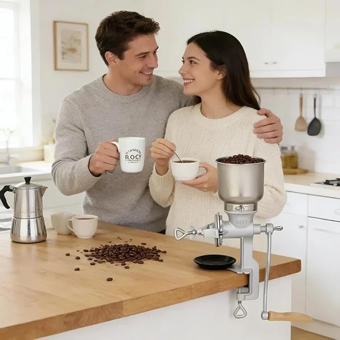 Hand-Crank Grain Mill, High Hopper Cast Iron Manual Grain Mill with Desktop Clip System, Heavy-Duty Grain Grinder, Coffee Grinder - Dry & Wet Grinding for Wheat, Grain