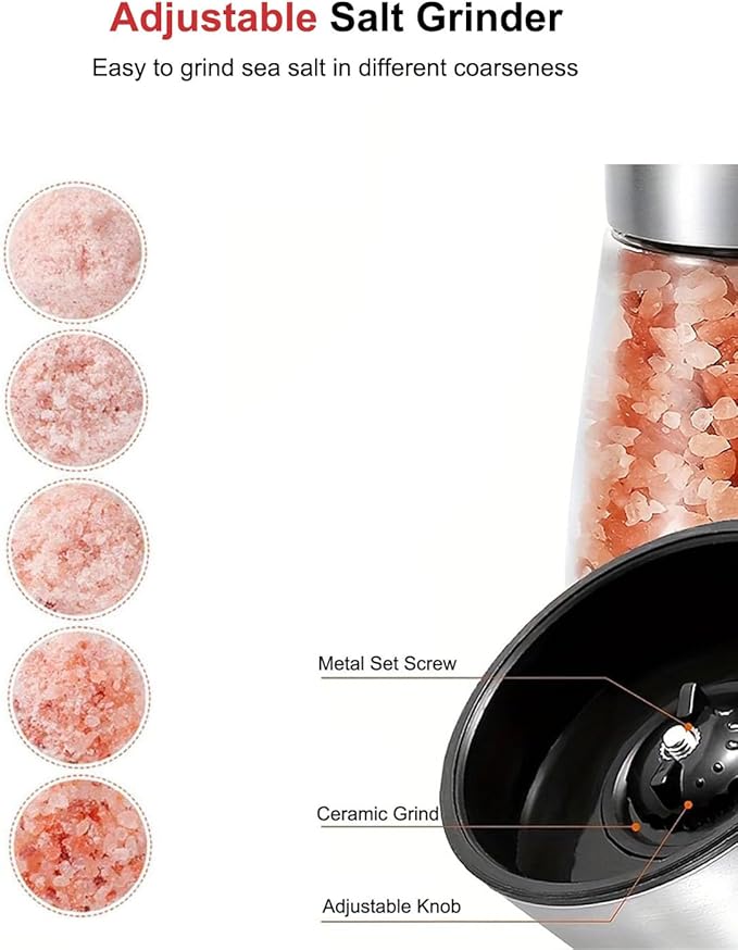 Pepper Grinder Salt Grinder, 8inch Stainless Steel Pepper Mill w/Adjustable Coarseness, Refillable Salt with Funnel, Cleaning Brush, Manual Pepper Grinder for Black Peppercorns