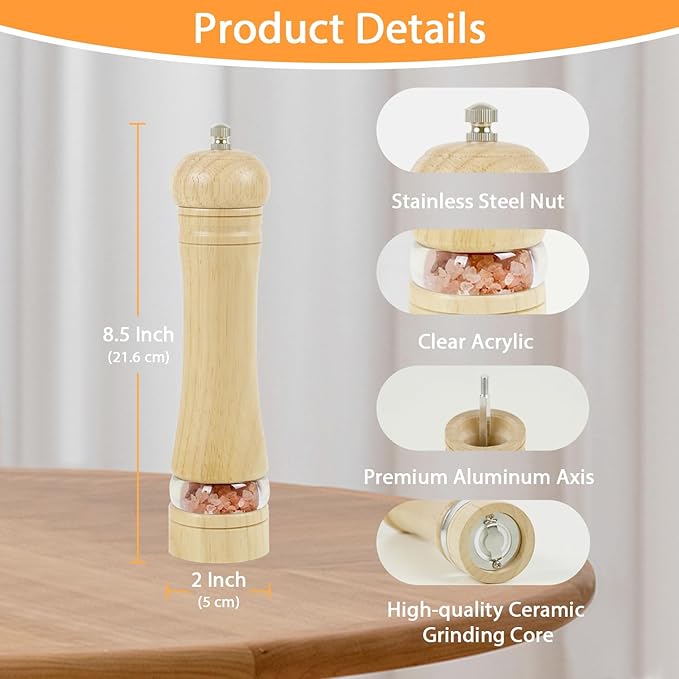 Wooden Salt and Pepper Grinder Set, 8.5 Inches Salt Grinder with Adjustable Coarseness Pepper Mill, Refillable Manual Salt Grinder, Oak Wood Salt and Pepper Grinder Mill for Kitchen - 2 Pack