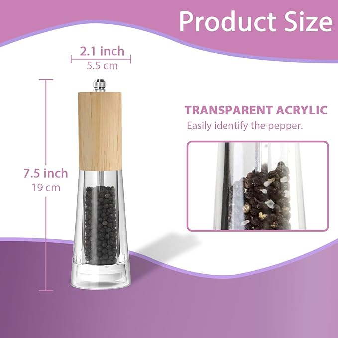 Wooden Pepper Grinder, 7.5 Inch Refillable Manual Salt Grinder with Adjustable Coarseness Pepper Mill, Oak Wood Salt and Pepper Grinder Mill for Cooking - Natural