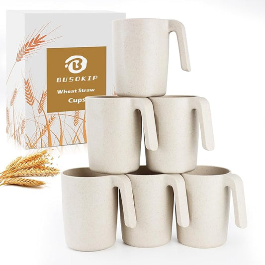 Coffee Mugs Set of 6, Wheat Straw Cups 16 oz, Resuable Plastic Coffee Mugs With Handle, Unbreakable Coffee Mugs, Dishwasher and Microwave safe Coffee Cups for Tea, Camping & Kitchen (Beige)