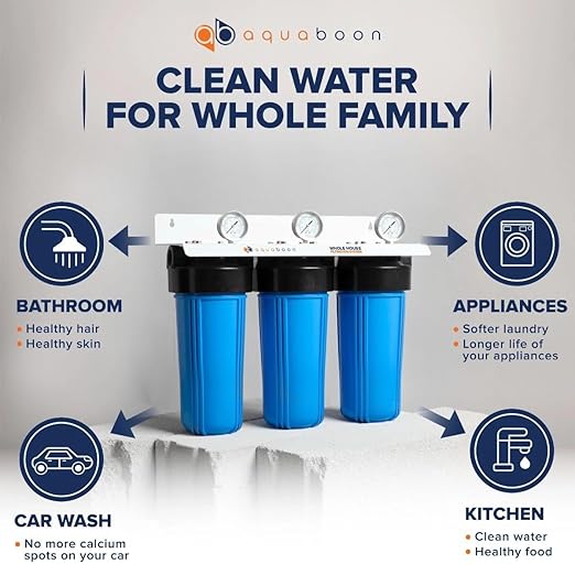 Aquaboon 3-Stage Whole House Water Filter System with 5 Micron 10x4.5 Reducing Sediment, Anti-Scale Water Purification and Carbon Chlorine Reduction Filter (CTO), Pressure Gauges, Wrench, Bracket