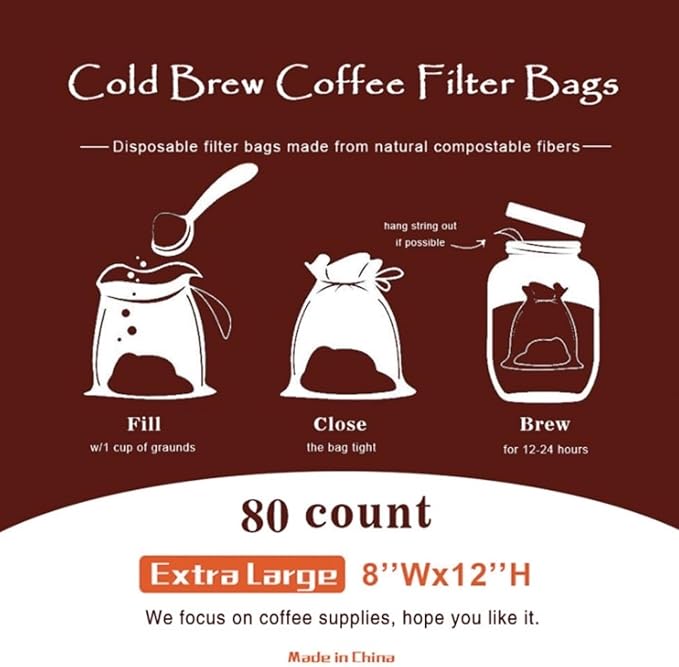 Disposable Cold Brew Coffee Filters - 80 Count Single Use Filter Sock Packs Sturdy Fine Mesh Brewing Bags for Concentrate, Iced Coffee Maker, French/Cold Press Kit, Tea in Mason Jar, 8'' x 12''