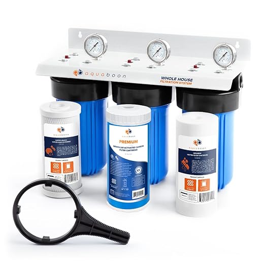 Aquaboon 3-Stage Whole House Water Filter System with 5 Micron 10x4.5 House Water Purification Reducing Sediment, Ganular Activated Carbon (GAC) and Carbon Chlorine Reduction Filter, Wrench, Bracket