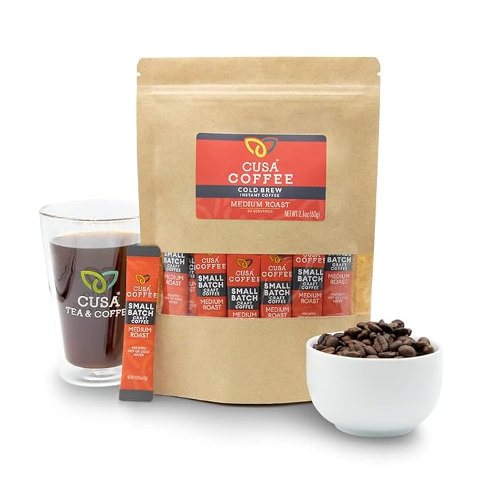 Cusa Tea & Coffee | Premium Instant Medium Roast | Rainforest Alliance Certified Arabica Beans | Hot or Cold Brew Drink Mix Packets (30 Single Servings)