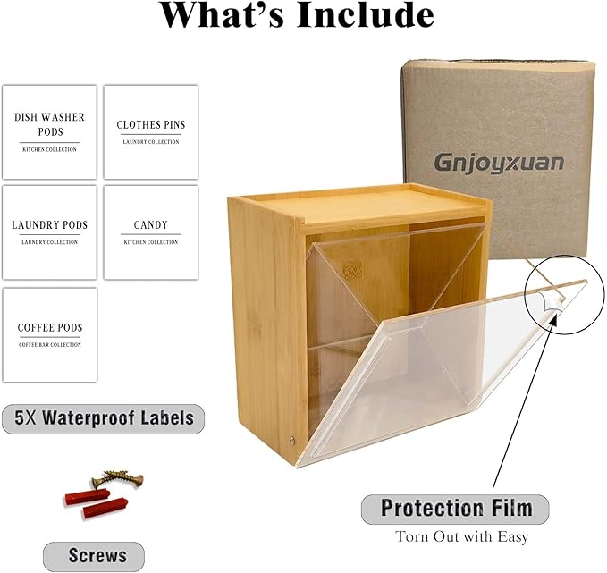 Laundry Pods Container, Acrylic Wall Mounted Organizer with Extra Labels, Candy Dispenser Coffee Pod Holder Dishwasher Pods Case for Home,Kitchen, Office, Bamboo