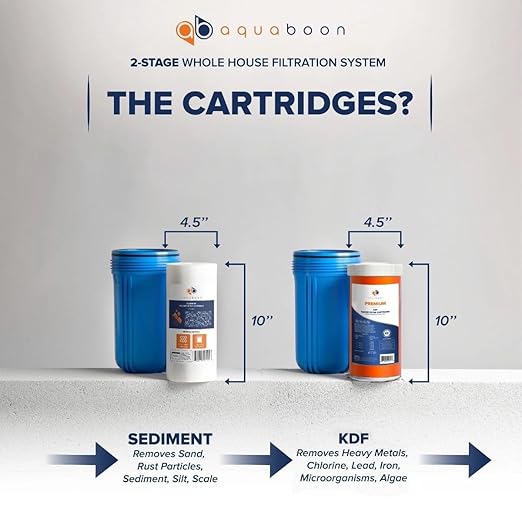 Aquaboon 2-Stage Whole House Water Filtration System with 5 Micron 10x4.5 Reducing Sediment and KDF Heavy Metals Water Filter Purification Cartrige, Pressure Gauges, Wrench, Bracket
