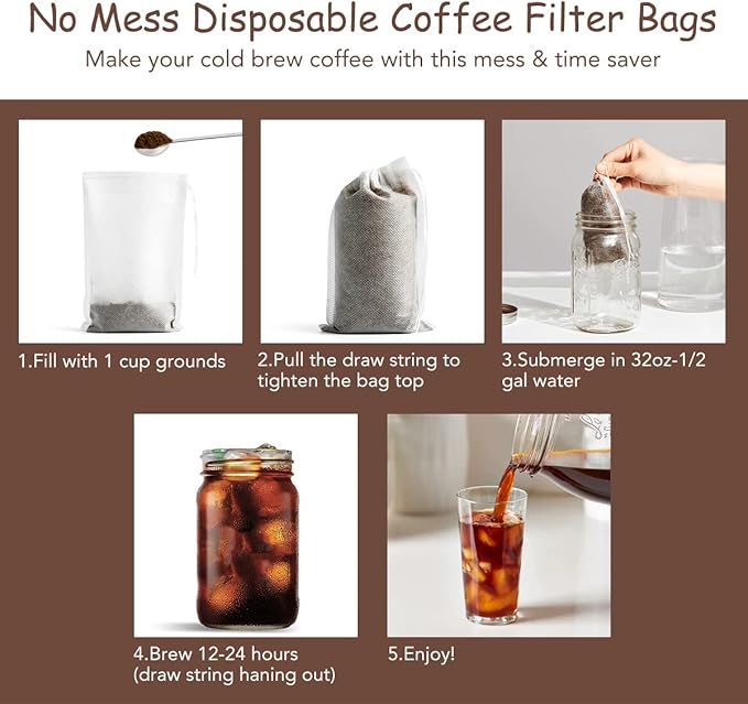 No Mess Cold Brew Coffee Filters - 120 Count Disposable Fine Mesh Brewing Bags for Concentrate/Iced Coffee Maker, French/Cold Press Kit, Hot Tea in Mason Jar or Pitcher, 4 x 6 Inches