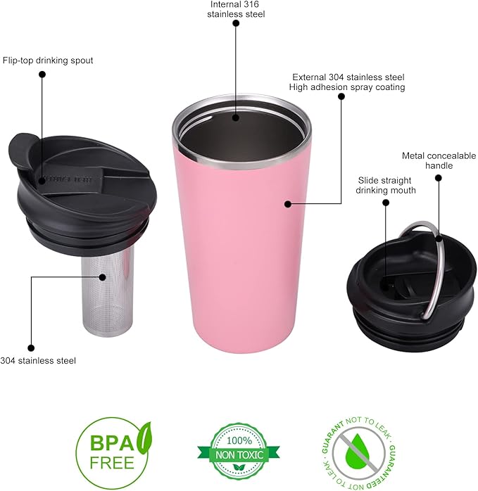 GiNT 17oz Travel Tea Mug with Infuser and Two Lid. Vacuum Insulated 316 Stainless Steel Travel Coffee Mug. Dishwasher Safe Tea Cup with Tea Strainer for Hot and Cold Brew Coffee or Tea(Pink)