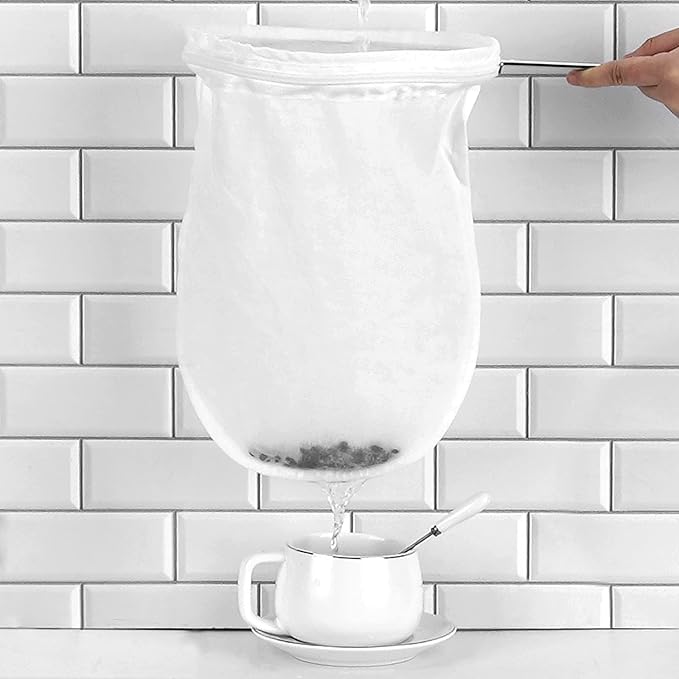 4 Pack Ultra Fine Mesh Coffee Strainer Bag with 1 Frame Handle, 200 Mesh Food Grade Nut Milk Bag, Reusable Kitchen Strainer Fine Mesh for Soy Milk, Juice, Tea Leaf Filter, Honey, Wine (Large)