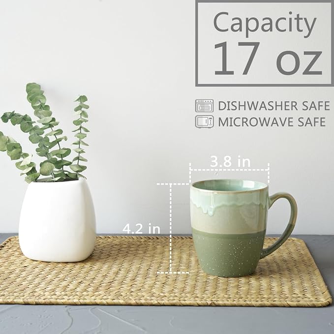 Bosmarlin Ceramic Coffee Mug Set of 4, 17 Oz, Green Coffee Cups with Big Handle, Microwave Safe, Unique Reactive Glaze