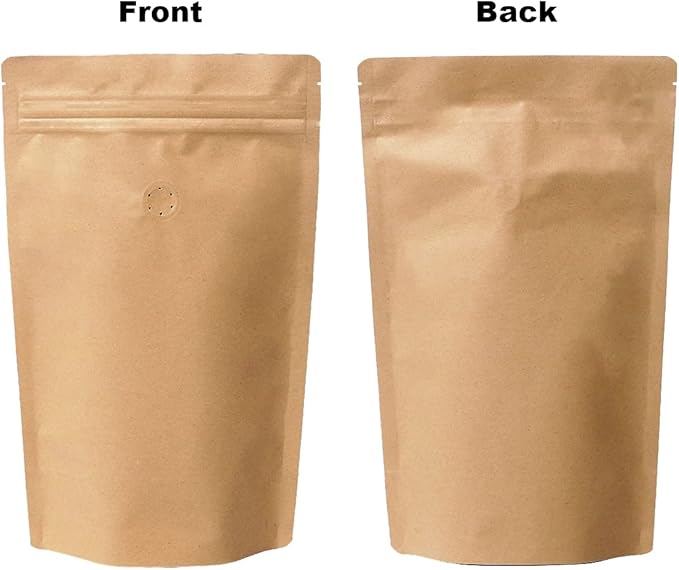 12 Ounce 100 Pieces Coffee Bags with Ziplock - High Barrier Natural Kraft Paper Stand up Coffee Pouches with Air Release/One Way Degassing Valve & Reusable Zipper (100, 12oz/0.75lb/340gm)