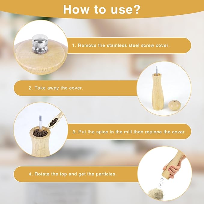 Wooden Pepper Grinder, 8 Inches Salt Grinder with Adjustable Coarseness Pepper Mill, Refillable Manual Salt Grinder, Oak Wood Salt and Pepper Grinder Mill for Kitchen - Natural