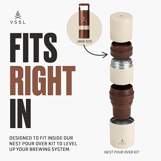 VSSL - Nest Pour Over Coffee Kit + Java G25 Bean Grinder Bundle | Coffee for Camping | Pour Over Dripper | Two 10oz Stainless Steel Travel Mugs | Cream/Bronze