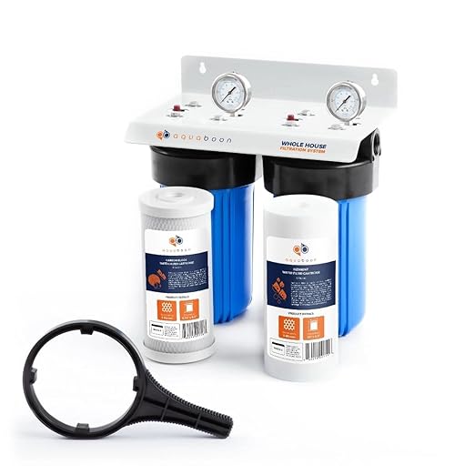 Aquaboon 2-Stage Whole House Water Filter System with 5 Micron 10x4.5 House Water Purification Reducing Sediment and Odors, Carbon Chlorine Reduction Filter (CTO), Pressure Gauge, Wrench, Bracket