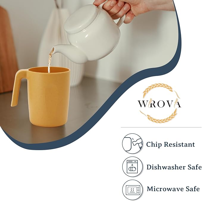Wrova 16oz Wheat Straw Cups with handles set of 6-Plastic Cups Reusable-Unbreakable Kids Mugs-Dishwasher Safe & Microwave Safe-Ideal Mugs for Tea,Coffee,Camping,RV-Banana Yellow