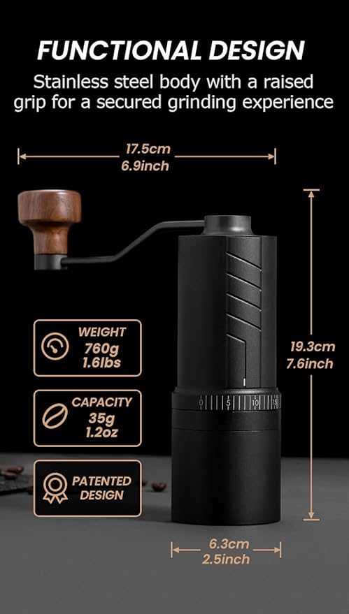 Vevok Chef O20 Manual Coffee Grinder - 20 levels External Adjustment, 35g Capacity with Travel Case and Cleaning Gear, Consistent Grind Ti-Plated Stainless Steel Conical Burr Hand Coffee Grinder