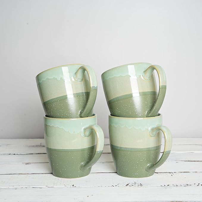Bosmarlin Ceramic Coffee Mug Set of 4, 17 Oz, Green Coffee Cups with Big Handle, Microwave Safe, Unique Reactive Glaze