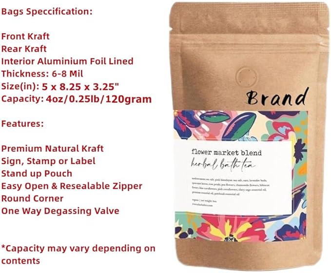 4 Ounce 100 Pieces Coffee Bags with Ziplock - High Barrier Natural Kraft Paper Stand up Coffee Pouches with Air Release/One Way Degassing Valve & Reusable Zipper (100, 4oz/0.25lb/120gm)