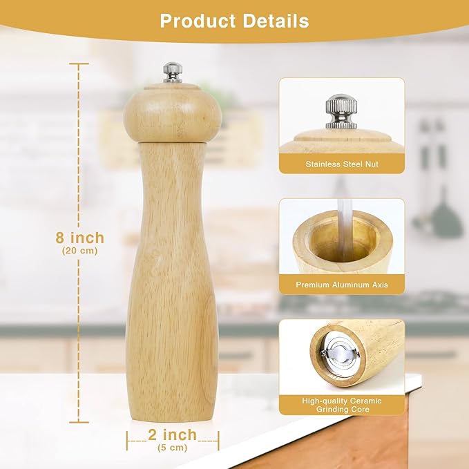 Wooden Pepper Grinder, 8 Inches Salt Grinder with Adjustable Coarseness Pepper Mill, Refillable Manual Salt Grinder, Oak Wood Salt and Pepper Grinder Mill for Kitchen - Natural