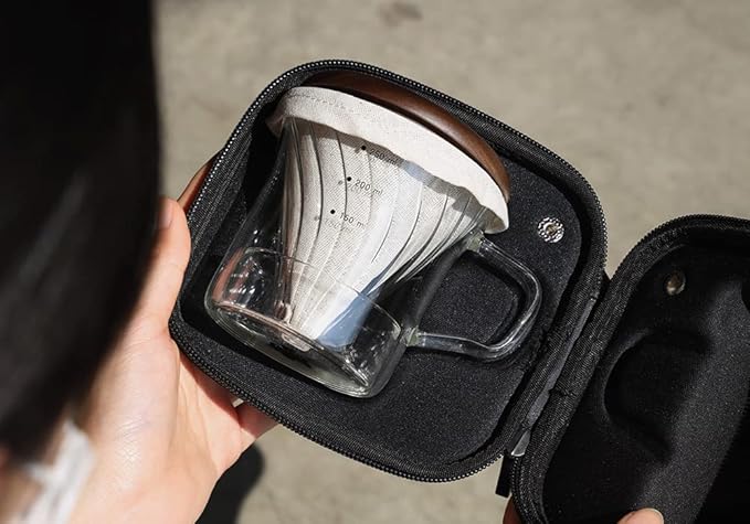 ATHIA Glass Pour Over Coffee Maker Set, Glass Cone Dripper, Reusable Cloth Filter, Minimal Single Cup on the Go,Walnut wood_dark color