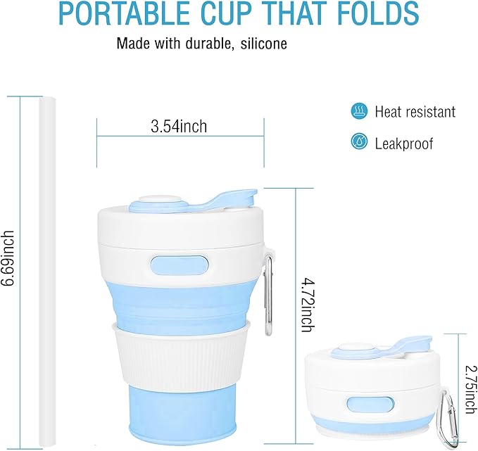 Silicone Collapsible Travel Mug Blue 15oz / 450ml - Leak-Proof Reusable Silicone Water Bottle for Hot and Cold Beverages - Travel Office and Home - Dishwasher Safe - Straw Included